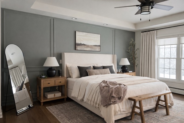 After: bedroom with Benjamin Moore Intrigue accent wall and soft neutral furnishings