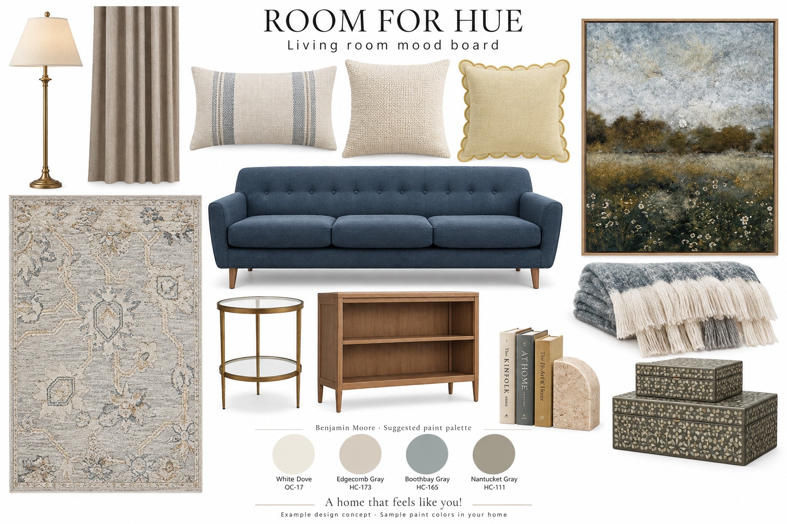 Example living room mood board with a muted blue sofa, yellow scalloped pillow, brass lighting, rug, artwork, and a suggested Benjamin Moore palette