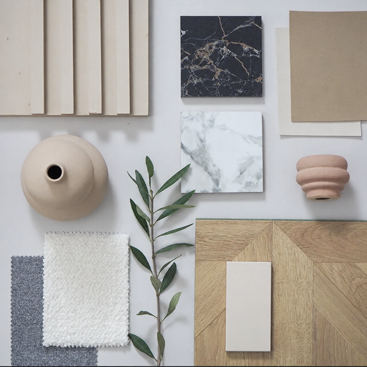 Example finishes board coordinating linen, wood, stone, and neutral colors